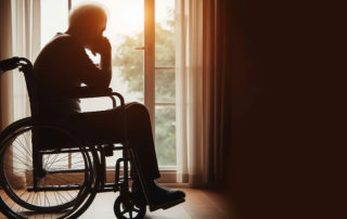 Elderly man in a wheelchair solemnly looking out a window.