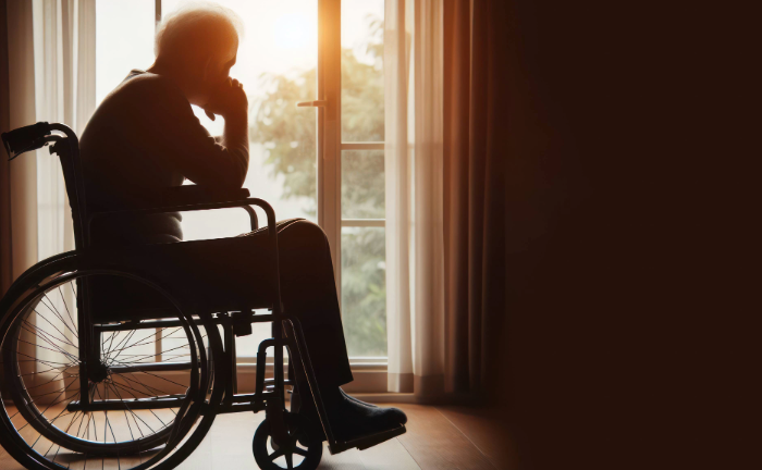 Elderly man in a wheelchair solemnly looking out a window.